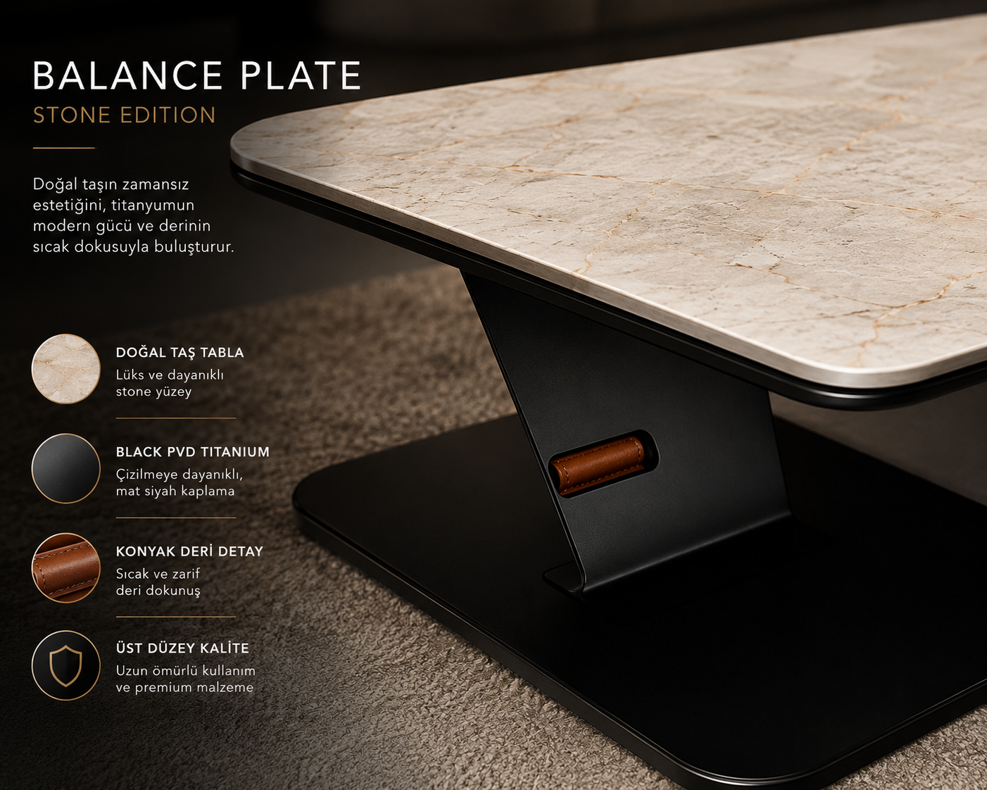 Balance Plate Stone Edition | Doğal Taş & Siyah PVD Çelik Lüks Orta Sehpa