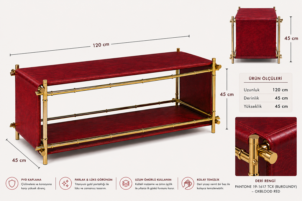 DIEZMAISON MIRA | Lüks Deri Orta Sehpa | Oxblood Kırmızı & Titanyum Gold