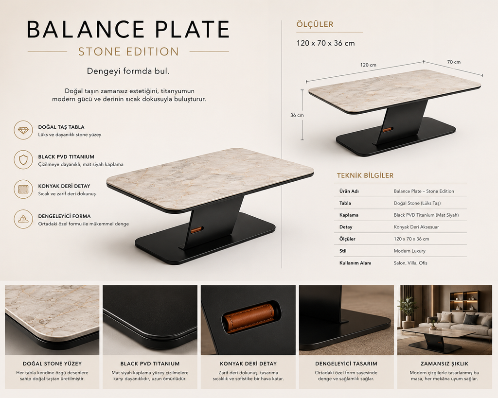 Balance Plate Stone Edition | Doğal Taş & Siyah PVD Çelik Lüks Orta Sehpa