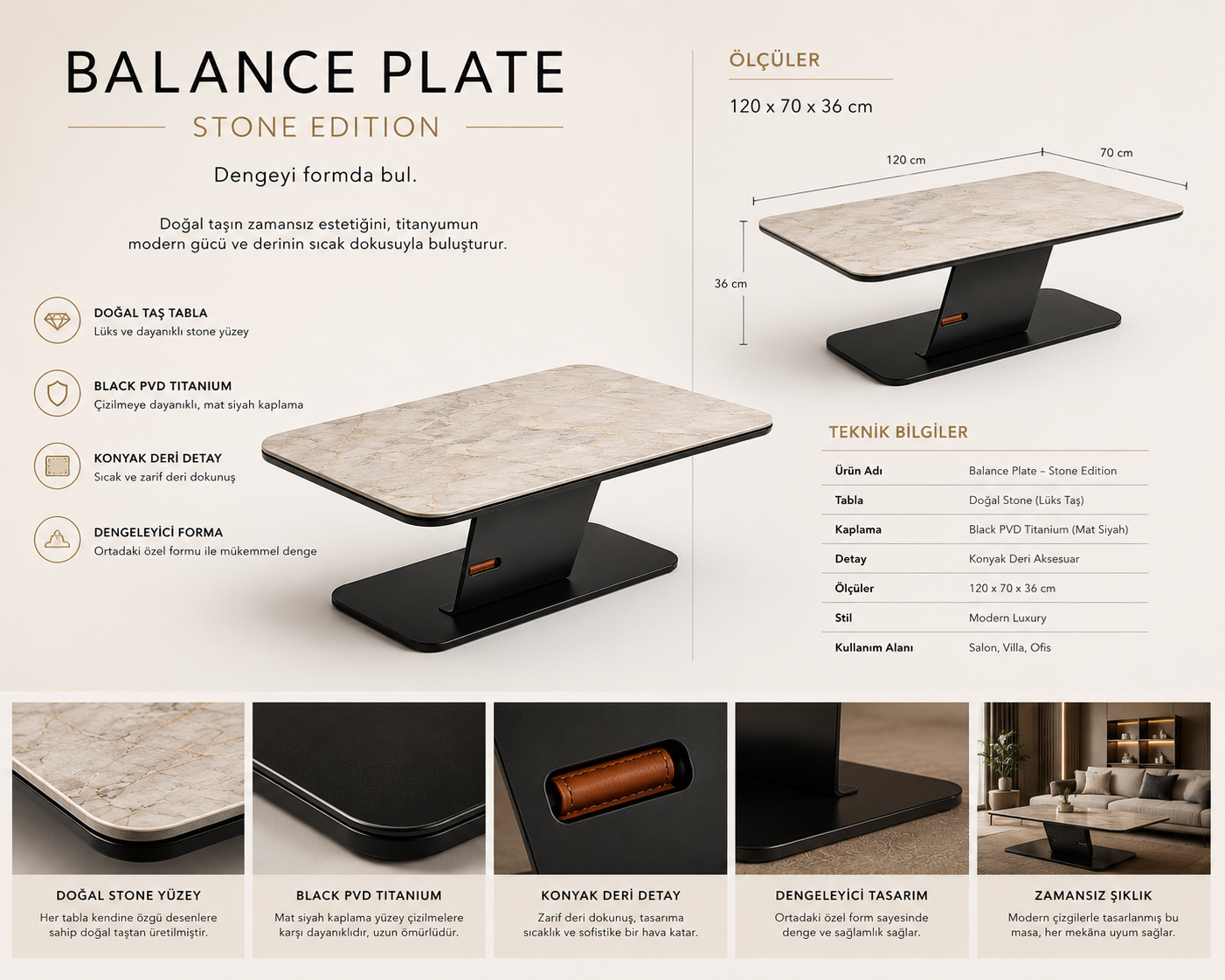 Balance Plate Stone Edition | Doğal Taş & Siyah PVD Çelik Lüks Orta Sehpa