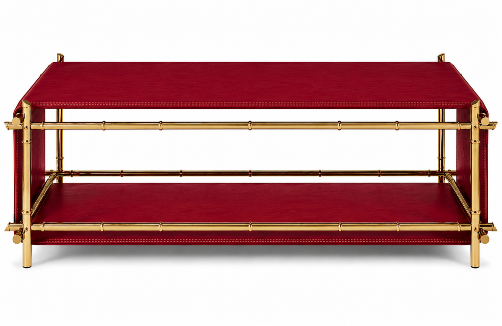 DIEZMAISON MIRA | Lüks Deri Orta Sehpa | Oxblood Kırmızı & Titanyum Gold