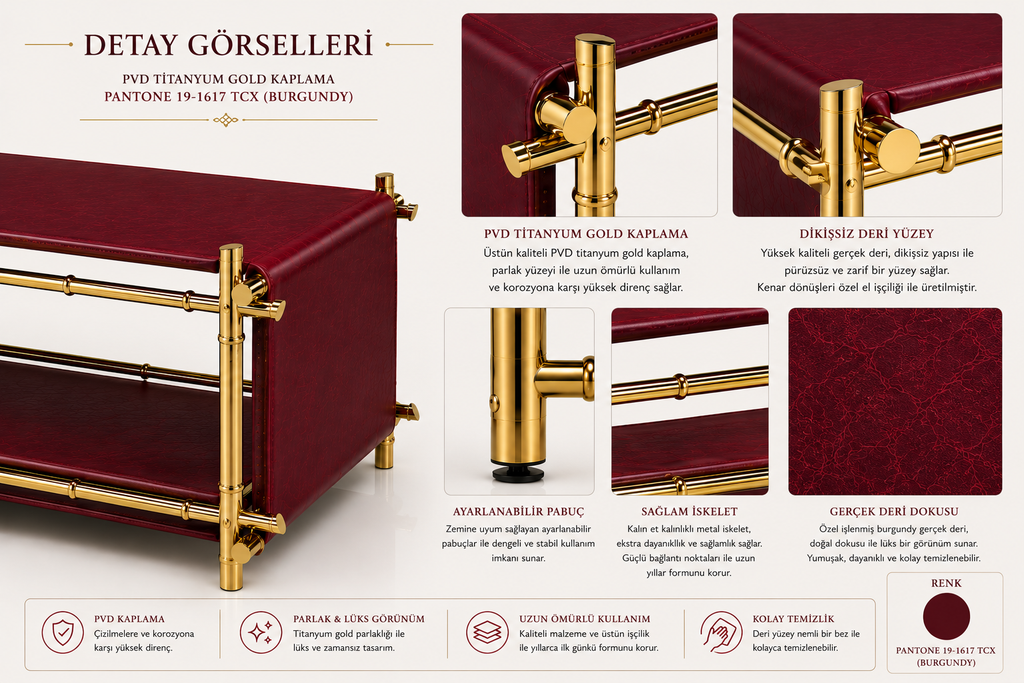 DIEZMAISON MIRA | Lüks Deri Orta Sehpa | Oxblood Kırmızı & Titanyum Gold