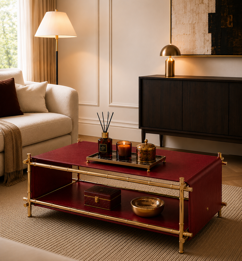 DIEZMAISON MIRA | Lüks Deri Orta Sehpa | Oxblood Kırmızı & Titanyum Gold